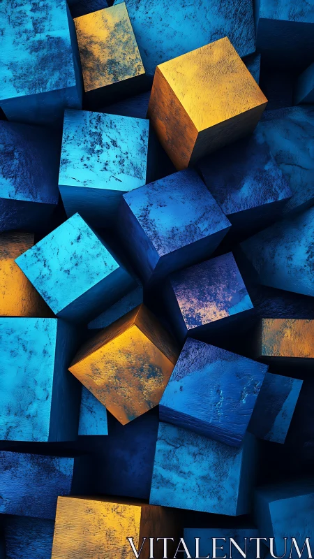 Textured blue and gold metallic cubes in dense arrangement.