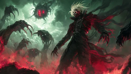 Dark warlock commands spectral horrors in crimson storm