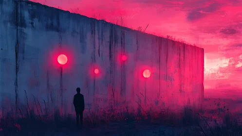 Solitary figure by neon orbs on vast concrete wall.