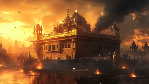 Golden temple palace burns under intense sunset sky