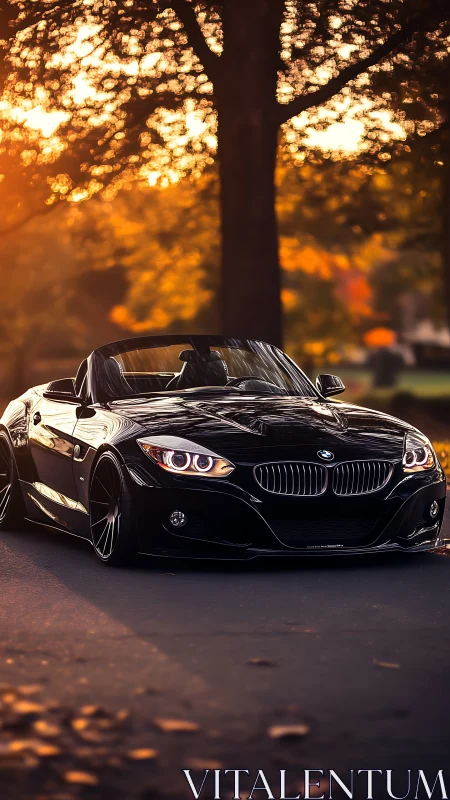Photorealistic black roadster in golden hour autumn light.