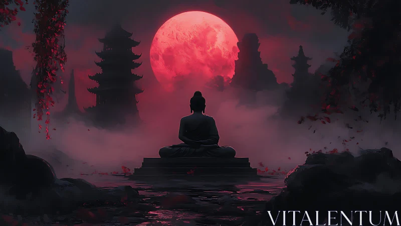 Lunar-illuminated monk silhouette in misty pagoda valley.