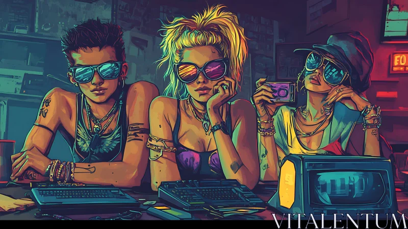 Neon-lit retro hackers at workbench with vintage terminals