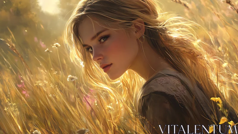 Young woman turns in backlit meadow with warm golden light