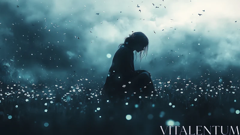 Digital painting of solitary figure in luminous field at dusk.