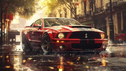 Red muscle car glows against a rainy city street backdrop.