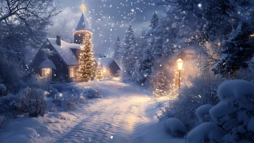 Snowlit cottage lane where winter hush glows with wonder.