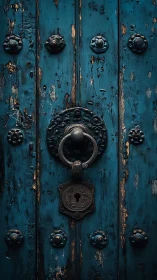 Weathered teal door with ornate lock suggests hidden stories