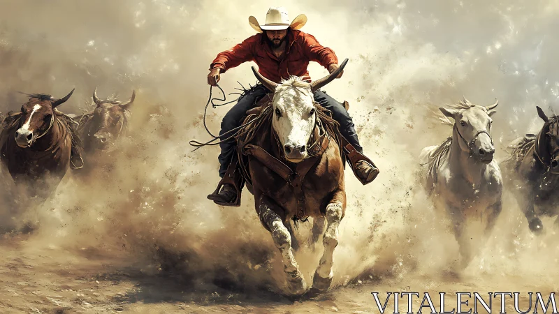 Cowboy riding bull through dust with running cattle herd.