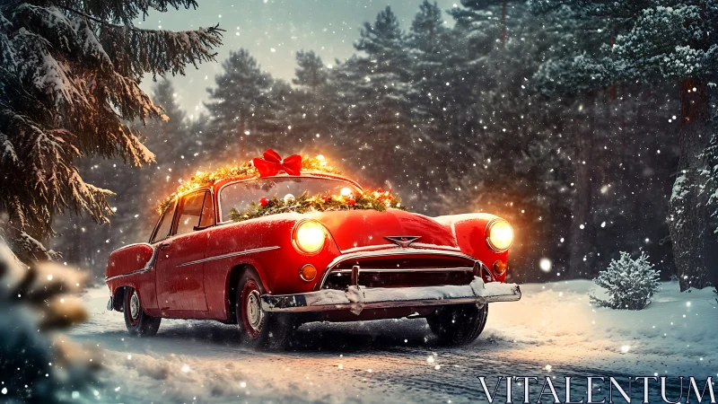 Vintage red Christmas car glows through a snowy forest night.