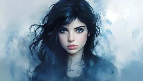 Frost-kissed raven-haired muse in swirling winter mist.