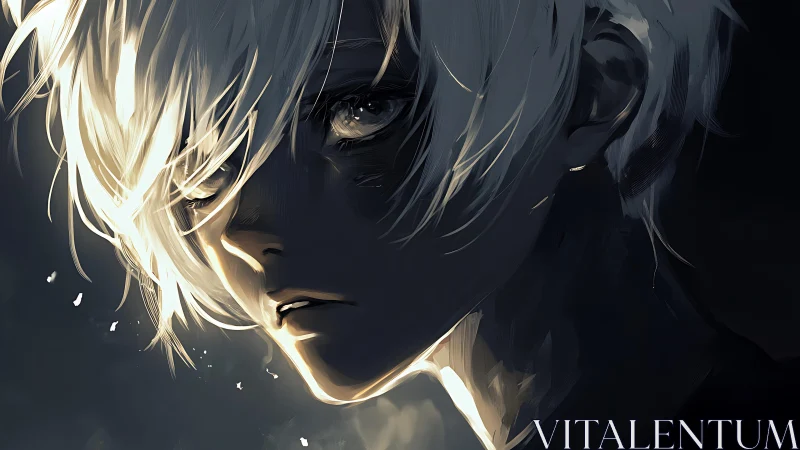 Brooding white haired anime boy in dramatic side light.