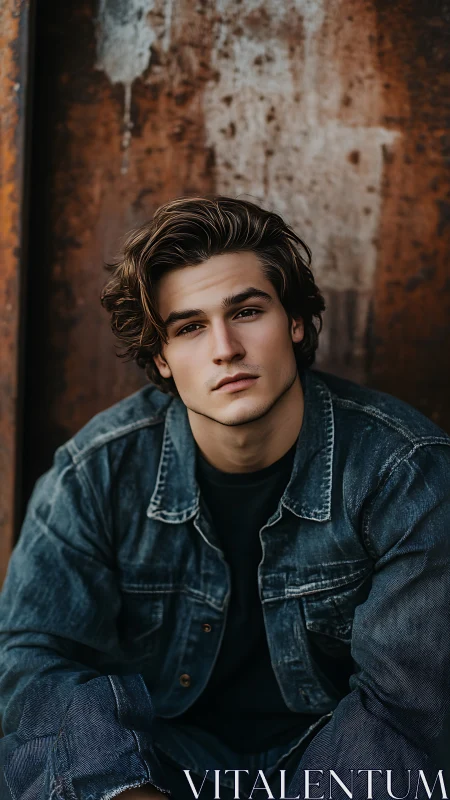 Brooding denim rebel framed by weathered rusted metal wall.