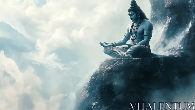 Mountain clouds cradle serene blue deity in timeless meditation