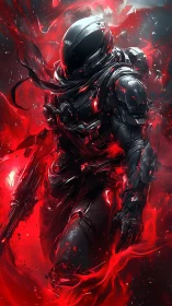 Armored cybernetic operative emerges through volatile red energy