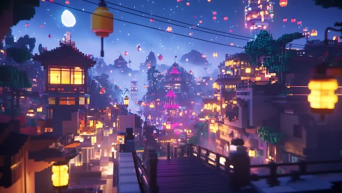Voxel lantern cityscape glows under a misty festival night sky