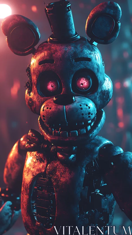 Rust-bitten animatronic bear grins through neon dread