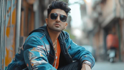 Street-cool maverick in teal denim ignites urban afternoon.