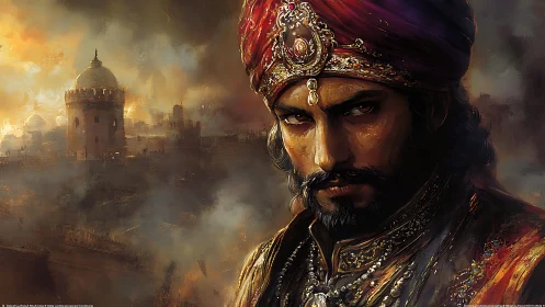 Warrior prince in jeweled turban surveys burning fortress city