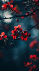 Red blossoms glow against moody teal sky and dark branches.