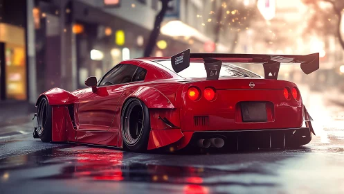 Midnight red street rocket idling in neon drizzle.