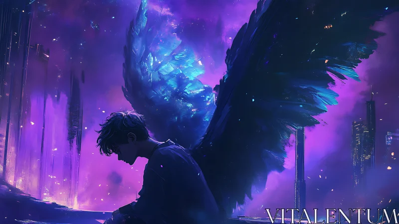 Winged figure rests in neon night cityscape under violet sky