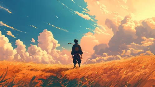 Lone anime wanderer crosses golden field beneath vast sky
