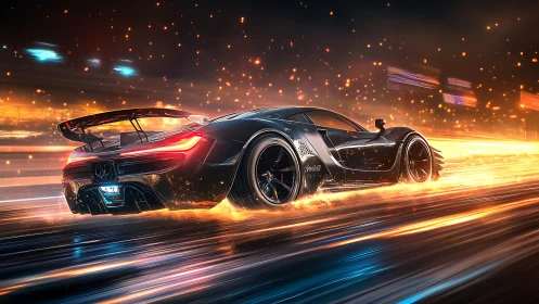 Midnight supercar racing through rivers of liquid light.