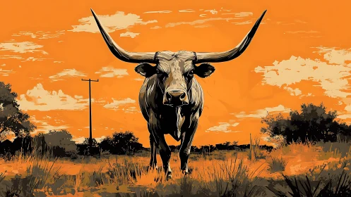 Dustborn longhorn strides beneath a blazing orange sky.