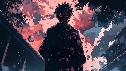 Moonlit demon samurai stalks a blood-tinted temple sky.