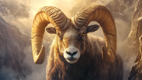 Mountain ram with curved horns in rugged alpine setting.