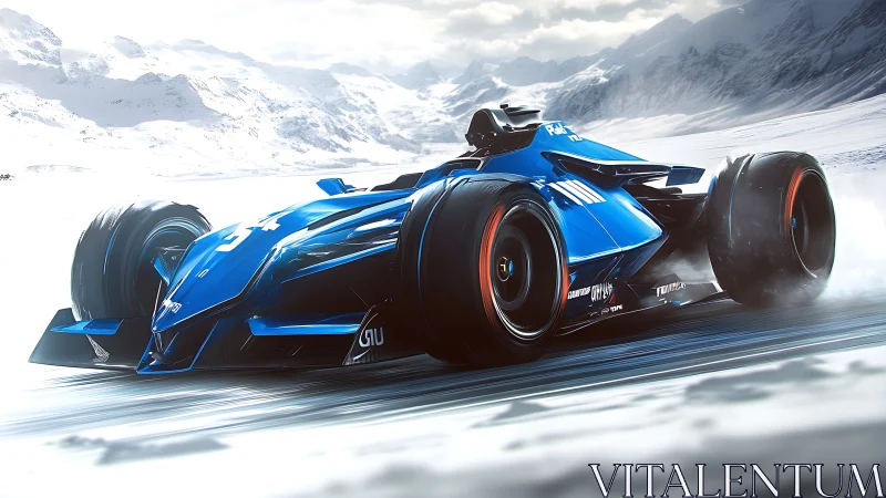 Futuristic blue race car accelerates across icy landscape