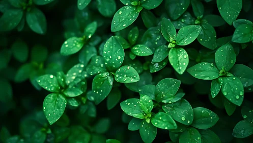 Close view of wet green foliage after recent rainfall.