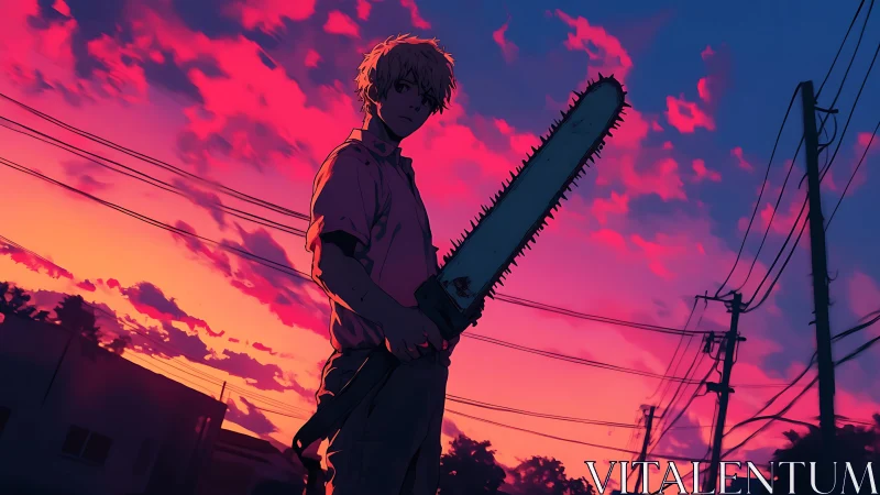 Backlit chainsaw wielder in neon-saturated dusk streetscape.