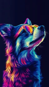Neon gradient dog portrait with reflective sunglasses.