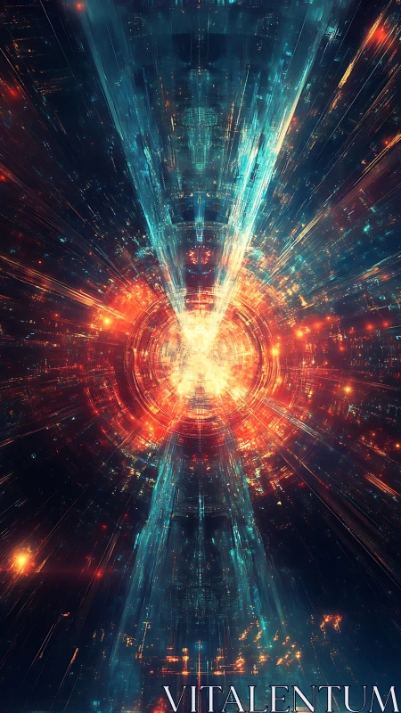 Radiant digital energy core expands through neon tunnel