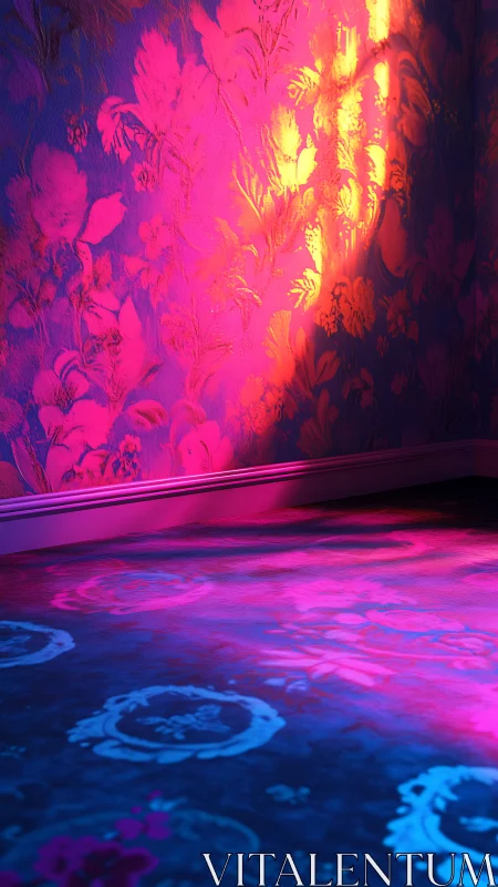 Neon light washes floral wall and carpet with vivid glow.