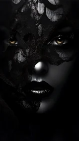 Veiled monochrome portrait with metallic lips and gaze.