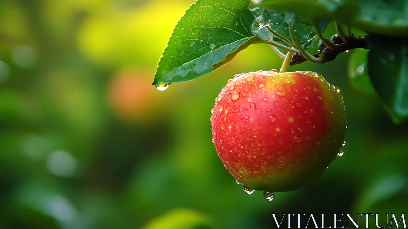 Ripe dewy apple rendered in shallow-depth photoreal focus