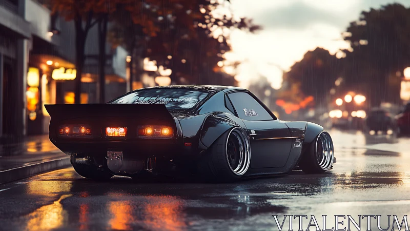 Widebody tuner coupe in rainy urban street-lens rendering.