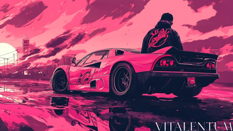 Neon street racer under magenta sunset sky reflection.