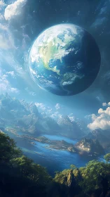 Planet Earth over vast blue lake and rugged mountains.