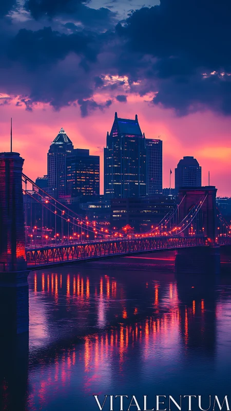 Neon dusk over a quiet city bridge and glowing river reflections.