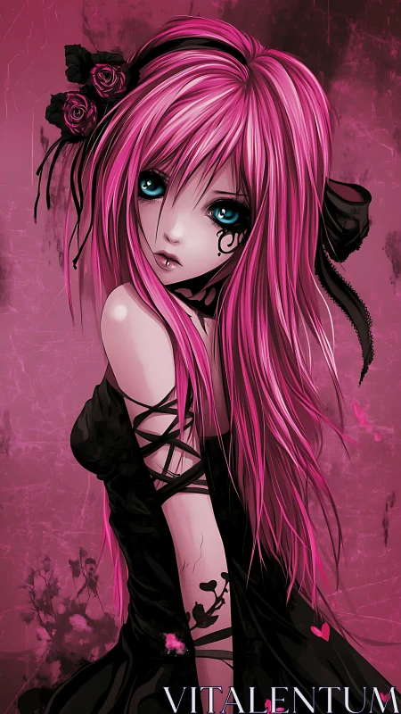 Gothic anime girl with vivid pink hair and black roses.