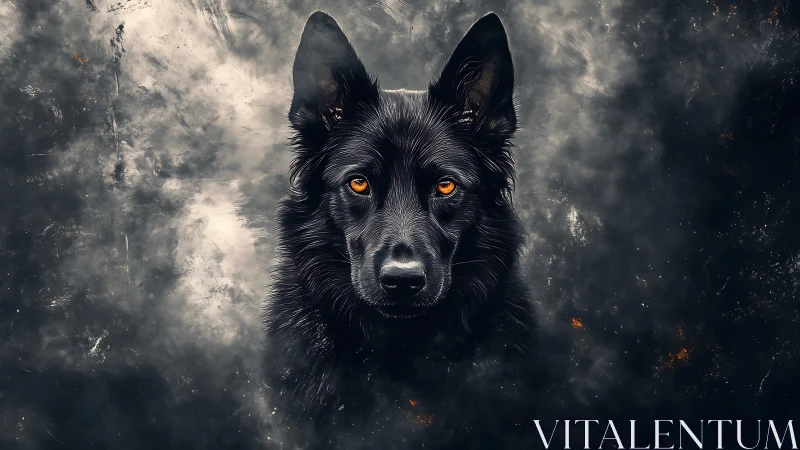 Midnight black dog emerging through swirling smoke veil.