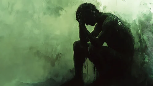 Monochrome green silhouette of distressed seated figure.