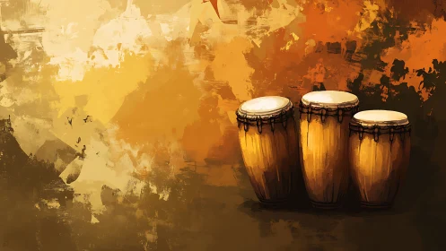 Three conga drums stand against an abstract ochre backdrop