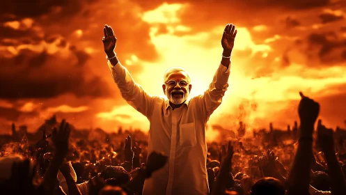 Elderly man in white raises arms before dense cheering crowd