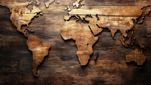 Weathered wooden world map glows with warm, rustic charm