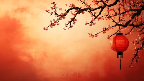 Red lantern with cherry blossoms against gradient sky.